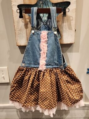 Greggy Girl Denim and Polka Dot Girls' Overall Dress with Pink Trim Sz 6X